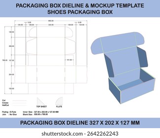 Caixa de empacotamento Dieline 327 x 202 x 127 MM, Modelo de dieline de empacotamento de sapatos