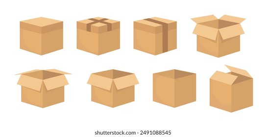 packaging box flat design brown set of vector illustration isolated white background 