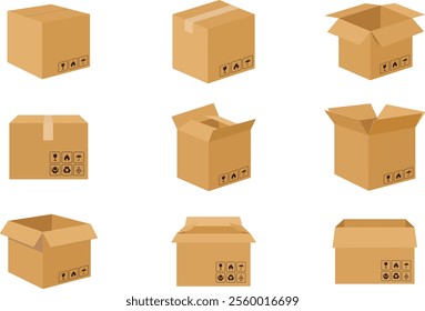 packaging box flat design brown set of vector illustration isolated white background. Collection of cardboard box mockups. open and closed box with breakable signs.  packaging box collection vector.