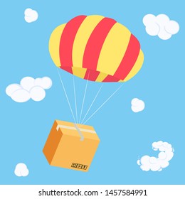 Packaging box flying on parachute, delivery parcel in air