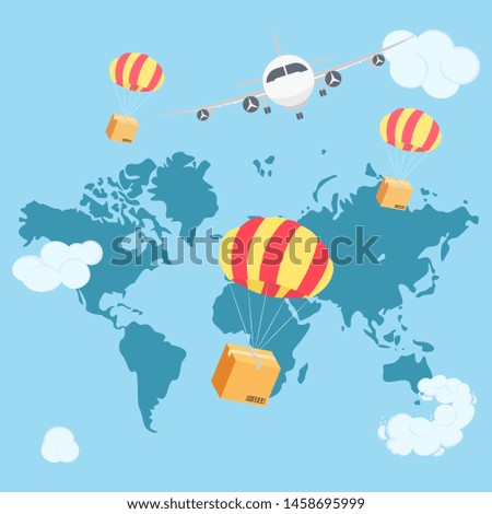 Packaging box flying on parachute from airplane in blue sky with clouds.