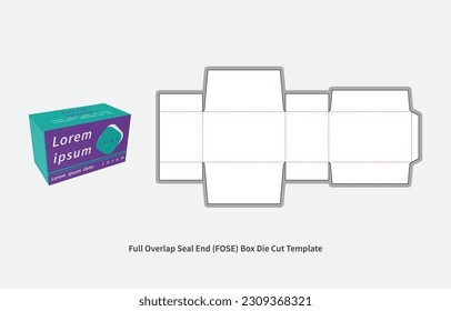 packaging box - full overlap seal end box die cut template - with  preview mockup - editable blueprint layout with cutting and creasing lines - vector EPS file