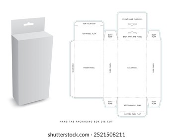 packaging box - hang tab box die cut template - preview mockup - editable blueprint layout with cutting and creasing lines - vector eps file