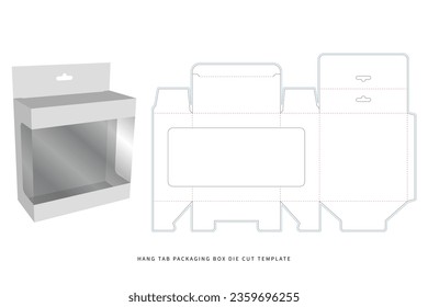 packaging box - hang tab snap lock bottom with transparent plastic sheet front die cut template - preview mockup - editable blueprint layout with cutting and creasing lines - vector eps file