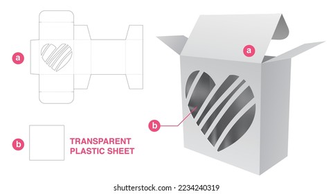 Packaging box with heart window die cut template and 3D mockup