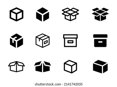Colección de iconos de cuadro de empaque en blanco y negro.
