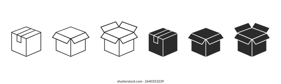 Packaging box icon collection in black and white design. Package, delivery boxes, cargo box. Vector illustration.