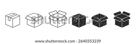 Packaging box icon collection in black and white design. Package, delivery boxes, cargo box. Vector illustration.