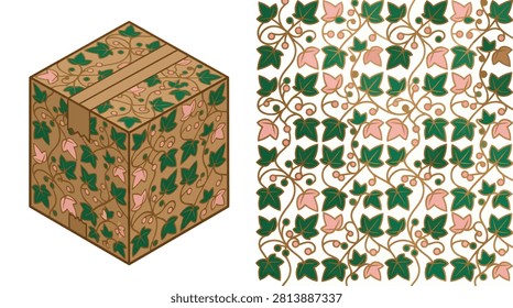 Packaging box illustration featuring a seamless trailing ivy leaf and vine pattern for nature-inspired brand identity.
