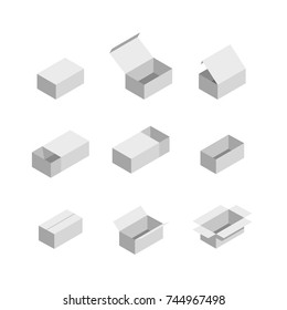 packaging box. Isometric set images of different pack box. closed and open cardboard boxes icons. Vector illustration