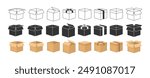 packaging box outline black flat design brown set of vector illustration isolated white background 