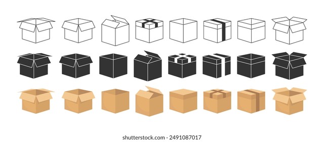 packaging box outline black flat design brown set of vector illustration isolated white background 