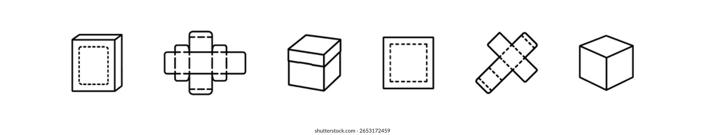 Packaging, box outline icon set. carton, shipping, container line art collection