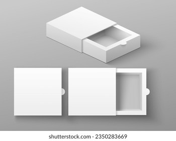 Packaging box realistic design closed and opened mockup. Isolated set of carton container for present, elite gift or product storage