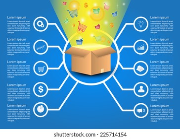 Packaging Box and and Shopping Baskets, Shopping Cart, Packaging Box Symbols, Business Infographics, Business Icons and Text Information Design, Vector Illustration.