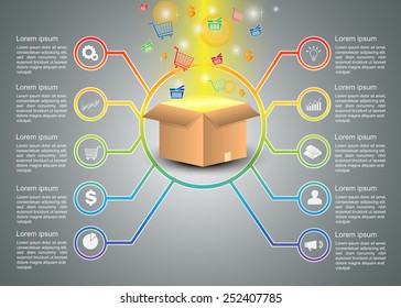 Packaging Box and and Shopping Baskets, Shopping Cart, Packaging Box Symbols, Business Infographics, Business Icons and Text Information Design, Grey Background, Vector Illustration.