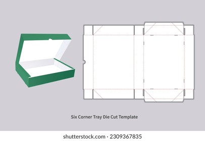 packaging box - six corner tray die cut template - with  preview mockup - editable blueprint layout with cutting and creasing lines - vector EPS file