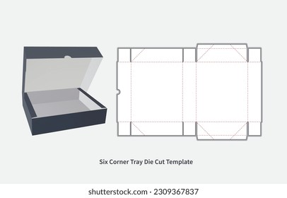 packaging box - six corner tray die cut template - with  preview mockup - editable blueprint layout with cutting and creasing lines - vector EPS file