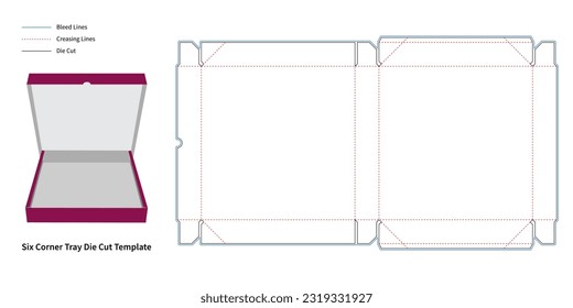 packaging box - six corner tray die cut template - preview mockup - Editable blueprint layout with cutting and creasing lines - Vector EPS file