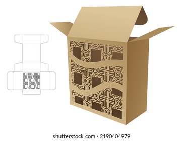 Packaging box with stenciled pattern window die cut template and 3D mockup
