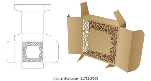 Packaging box with stenciled window die cut template and 3D mockup