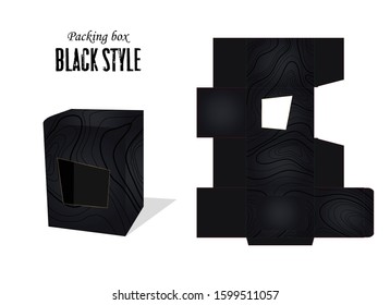 Packaging Box Template with 3D Preview - Black Editable Blueprint Layout with Cutting. Gold pattern. Vector Draw Graphic Design.