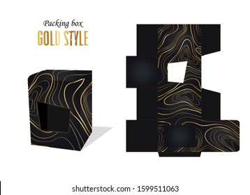 Packaging Box Template with 3D Preview - Black Editable Blueprint Layout with Cutting. Gold pattern. Vector Draw Graphic Design.