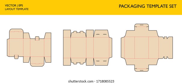 Packaging box template set. Editable blueprint layout. Cutting and scoring lines. Retail packaging with different shape. Mockups technical drawing. 
