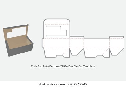 packaging box - tuck top auto bottom box with top transparent plastic sheet die cut template - with  preview mockup - editable blueprint layout with cutting and creasing lines - vector EPS file