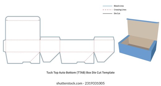 packaging box - tuck top auto bottom box die cut template - with  preview mockup - editable blueprint layout with cutting and creasing lines - vector EPS file