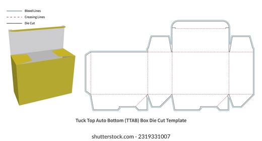 packaging box - tuck top auto bottom box die cut template - with  preview mockup - editable blueprint layout with cutting and creasing lines - vector EPS file