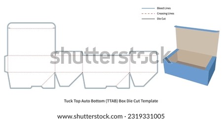 packaging box - tuck top auto bottom box die cut template - with  preview mockup - editable blueprint layout with cutting and creasing lines - vector EPS file