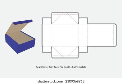 packaging box - tuck top four corner tray die cut template - with  preview mockup - editable blueprint layout with cutting and creasing lines - vector EPS file