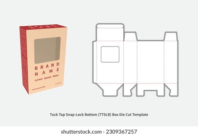 packaging box - tuck top snap lock bottom box die cut template - preview mockup - editable blueprint layout with cutting and creasing lines - vector eps file