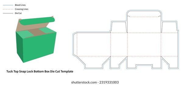 packaging box - tuck top snap lock bottom box die cut template - preview mockup - editable blueprint layout with cutting and creasing lines - vector eps file