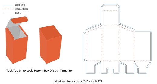 Caja de empaque - Tuck Top Snap Lock Bottom Box Die Cut Template - Box Die Cut con 3D Preview - Diseño de huella azul editable con líneas de corte y de repliegue - Diseño gráfico de dibujo vectorial