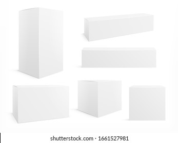 Packaging Box. White Boxes Pack, 3d Packages For Products. Isolated Medical Cardboard Block. Realistic Paper Packets Vector Blank Mockup Set