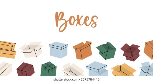 Packaging boxes horizontal banner. Package cardboard boxes. Present gift boxes. Vector illustration.