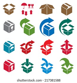 Packaging boxes icons isolated on white background vector set, pack simplistic symbols vector collections.