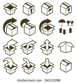 Packaging boxes icons isolated on white background vector set, pack simplistic symbols vector collections.