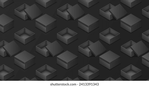 Packaging boxes isometric illustration pattern on black background. Containers for products realistic 3d models design elements. Promo items