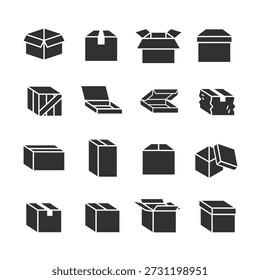 Cajas de embalaje, conjunto de iconos monocromáticos. Formas de caja de cartón, embalaje de envío y almacenamiento, entrega, proceso de embalaje, tipos de contenedores. Estilo de símbolos en blanco y negro.