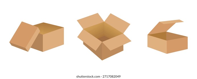 Cajas de embalaje. Conjunto de cajas de cartón para el envío. Colección de cajas abiertas para la entrega de paquetes, estilo plano. Serie de cajas de cartón. Ilustración vectorial