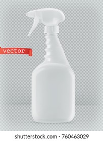 Verpackungsgebäude und Sanitärgebäude. Weiße Plastikflasche, Rentierreiniger. 3D-Realismus, Vektorgrafik nach oben