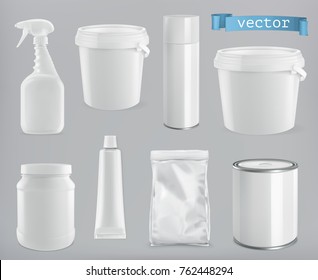 Packaging building and sanitary. White plastic, metal and paper pack. 3d realism, vector mockup set