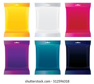 packaging for candy, chocolate and other products. vector illustration. package set of orange, clear, purple, blue, red, black