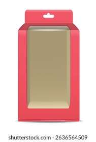 Packaging. Cardboard box with transparent window on white background. Vector realistic 3d illustration