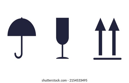 Packaging cargo symbols in form of stamps, for wooden, cardboard boxes. Meaning environmental friendliness, fragility of cargo, need for protection from moisture, cargo marking. Vector illustration