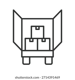 Packwagen Symbol im Liniendesign. Boxen, Trolley, Verpackung, Bewegung, Logistik, Transport auf weißem Hintergrund Vektor. Symbol für bearbeitbaren Strich des Verpackungswagens