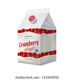 Packaging carton with natural drinking cranberry taste and flavor yogurt commercial isolated vector mock-up hyperrealistic illustration
